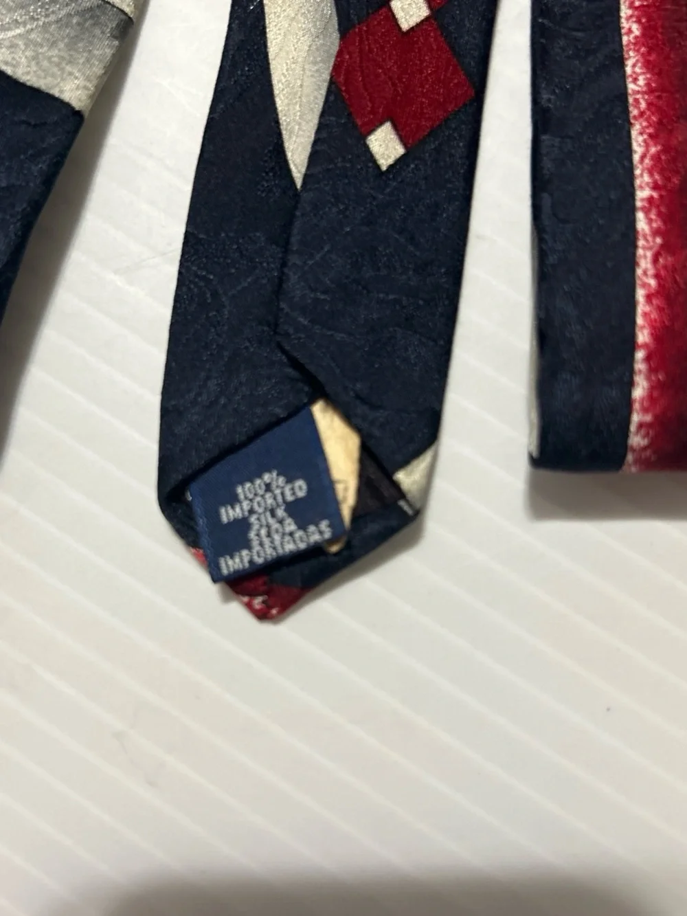 Navy Tie with Red & Cream Wave Detailing - Unbranded